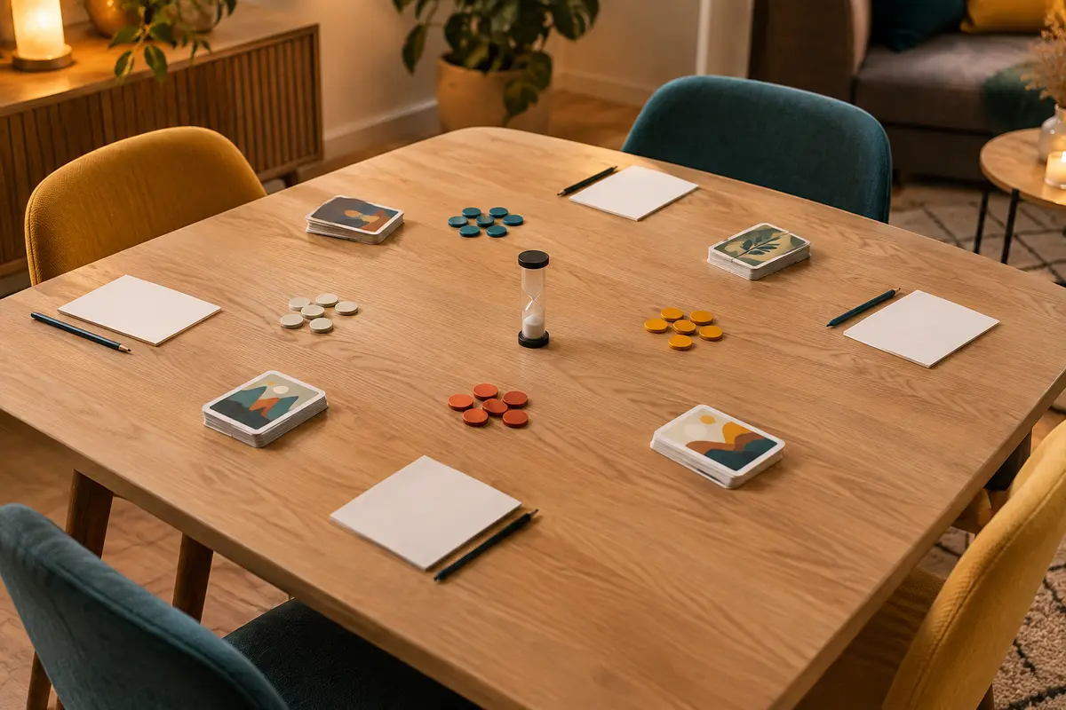 Table préparée pour une soirée de jeu avec cartes, jetons colorés et feuilles vierges
