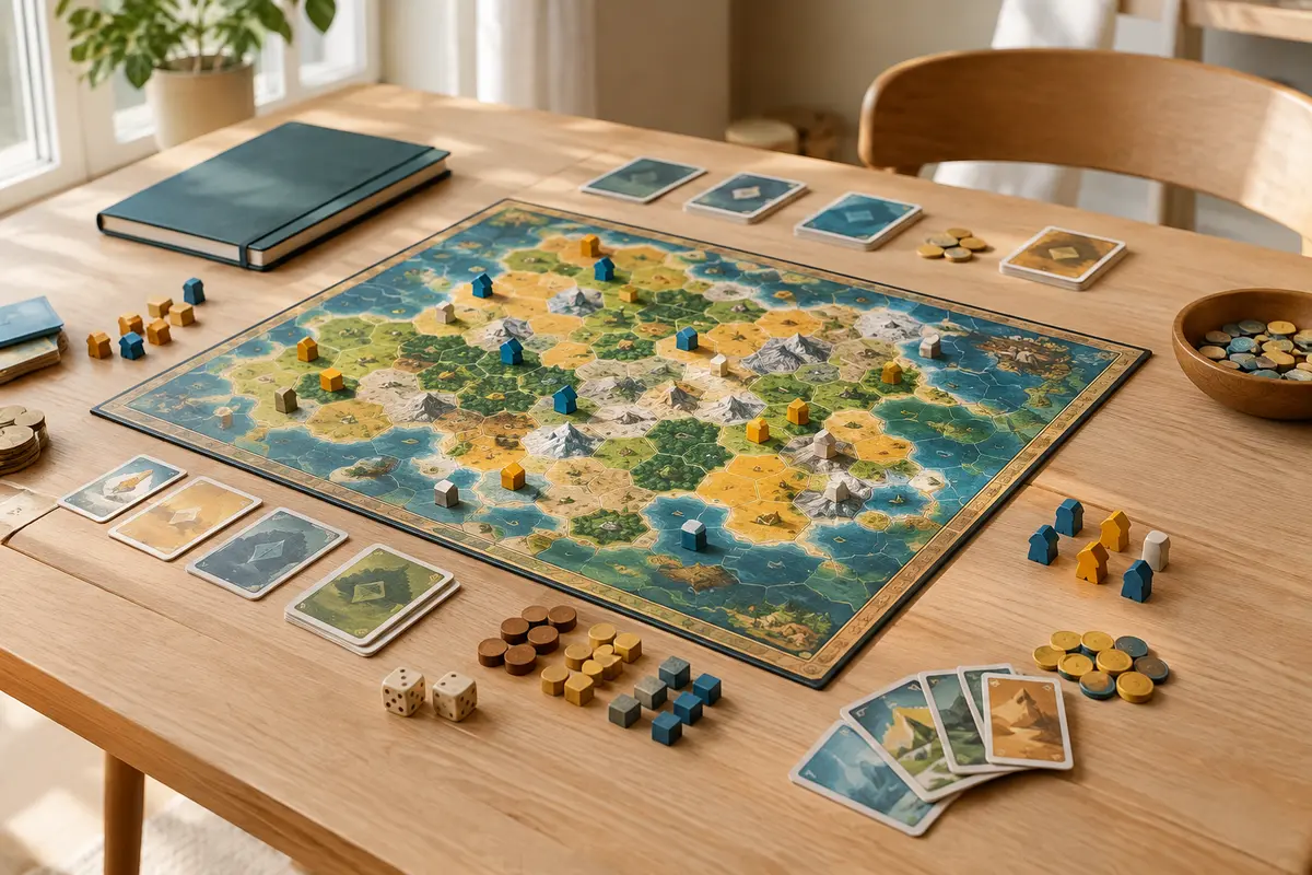 Plateau stratégique générique avec cartes, pions et jetons disposés sur une table claire