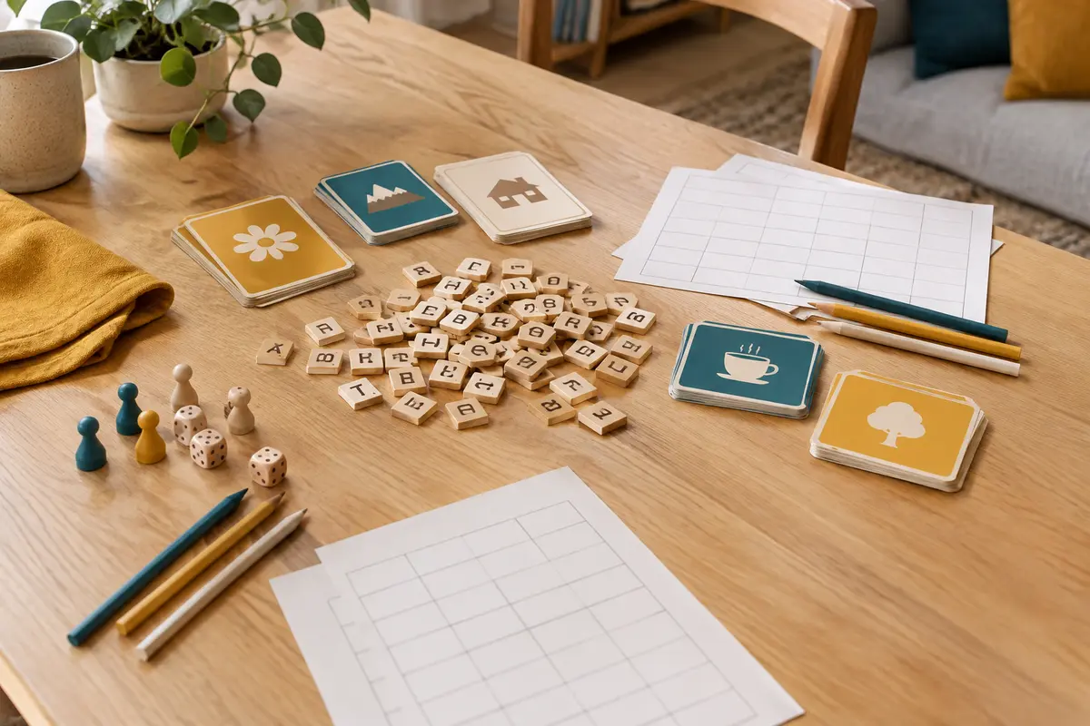 Table de jeu familiale avec cartes, lettres et feuilles vierges pour une partie de mots