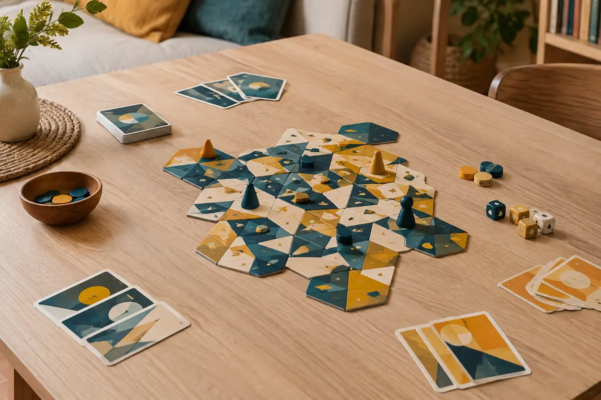 Plateau abstrait avec tuiles, pions et cartes préparé pour une partie tactique à deux joueurs.