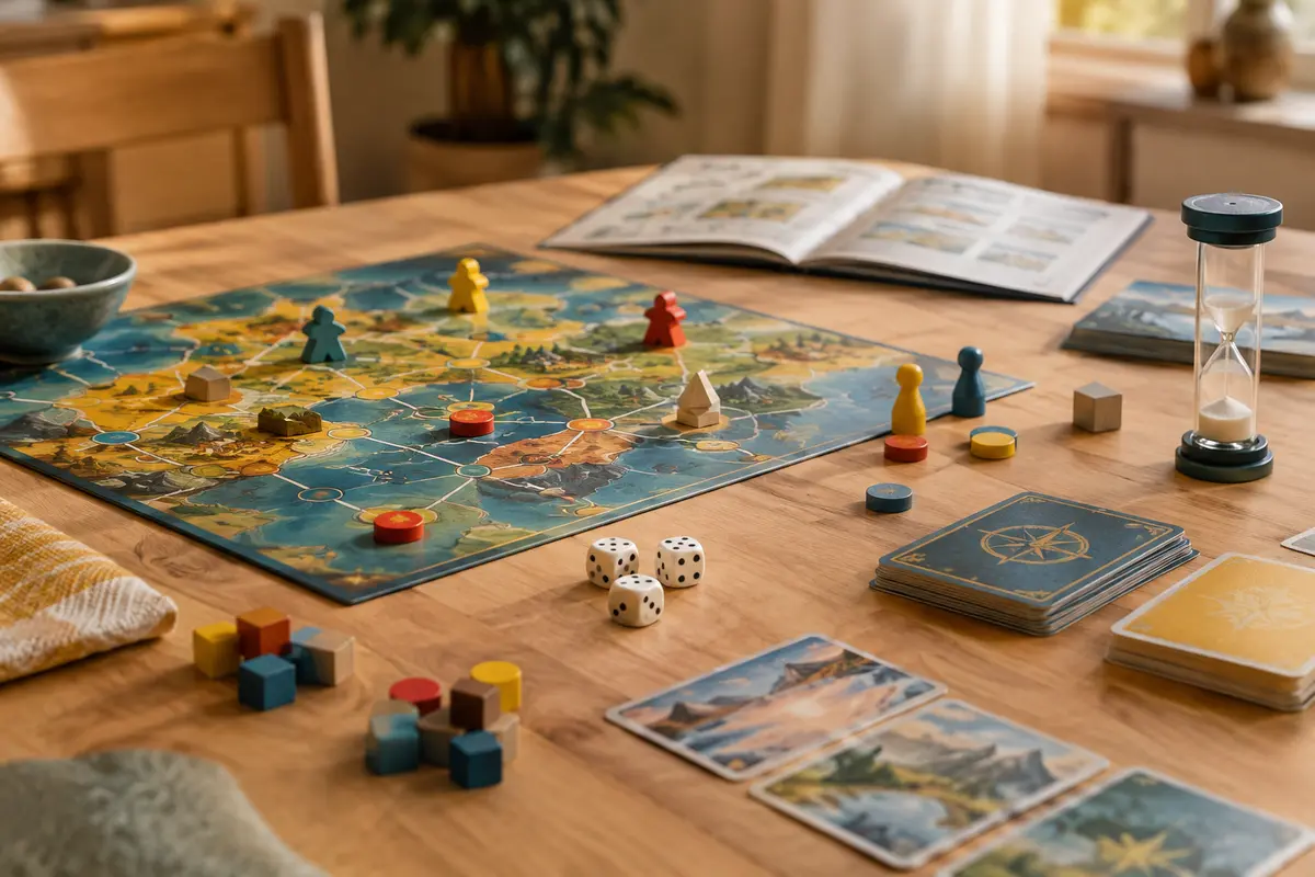 Plateau familial, cartes, dés et pions colorés disposés sur une table près d’un sablier et d’un livret ouvert.