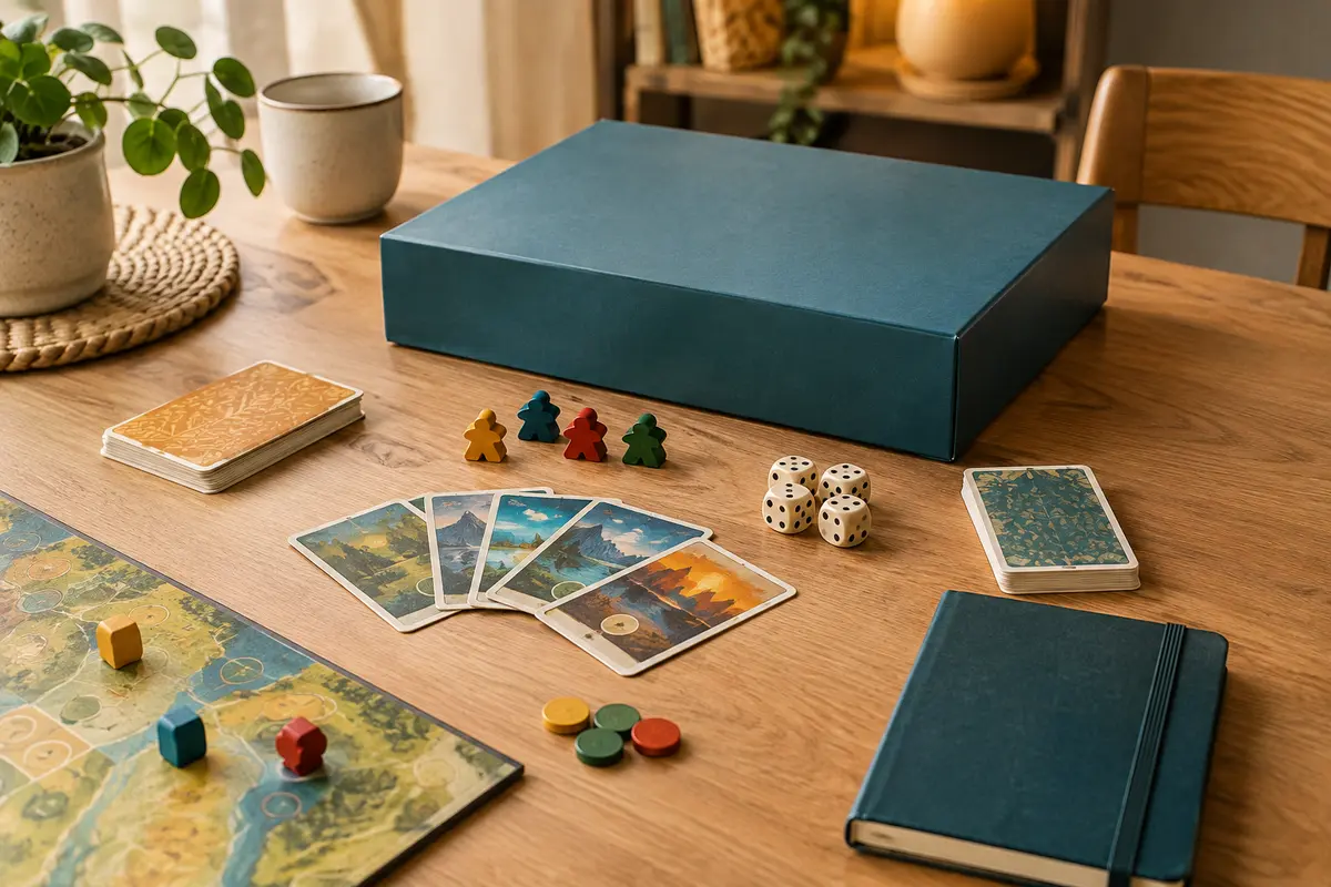 Boîte de jeu, cartes, dés et pions disposés sur une table prête pour une partie à partager.