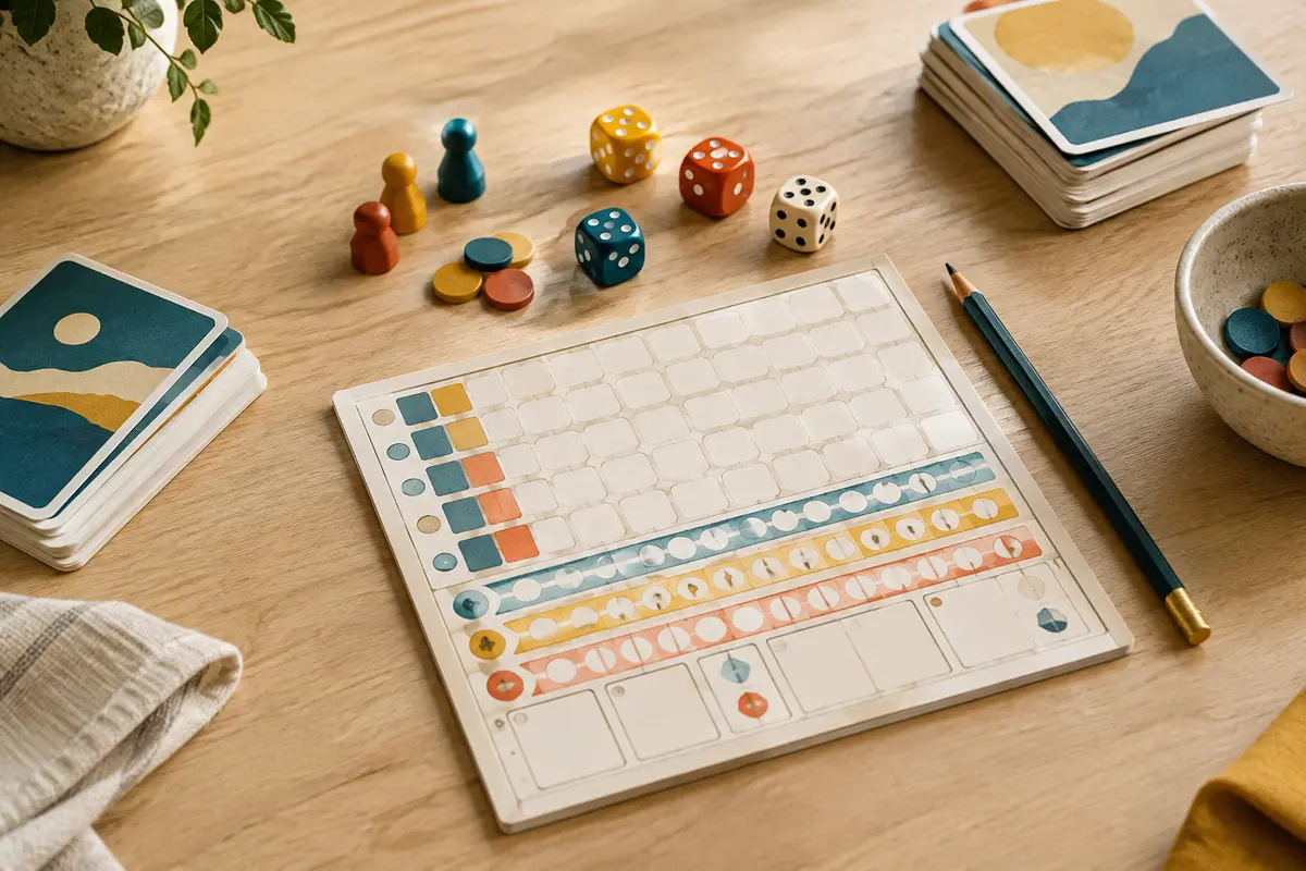 Feuille de jeu à remplir, dés et crayon disposés sur une petite table