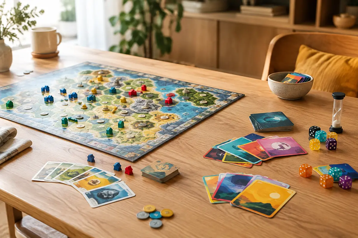 Plateau stratégique, pions et cartes colorées réunis sur une table pour comparer deux styles de jeu.