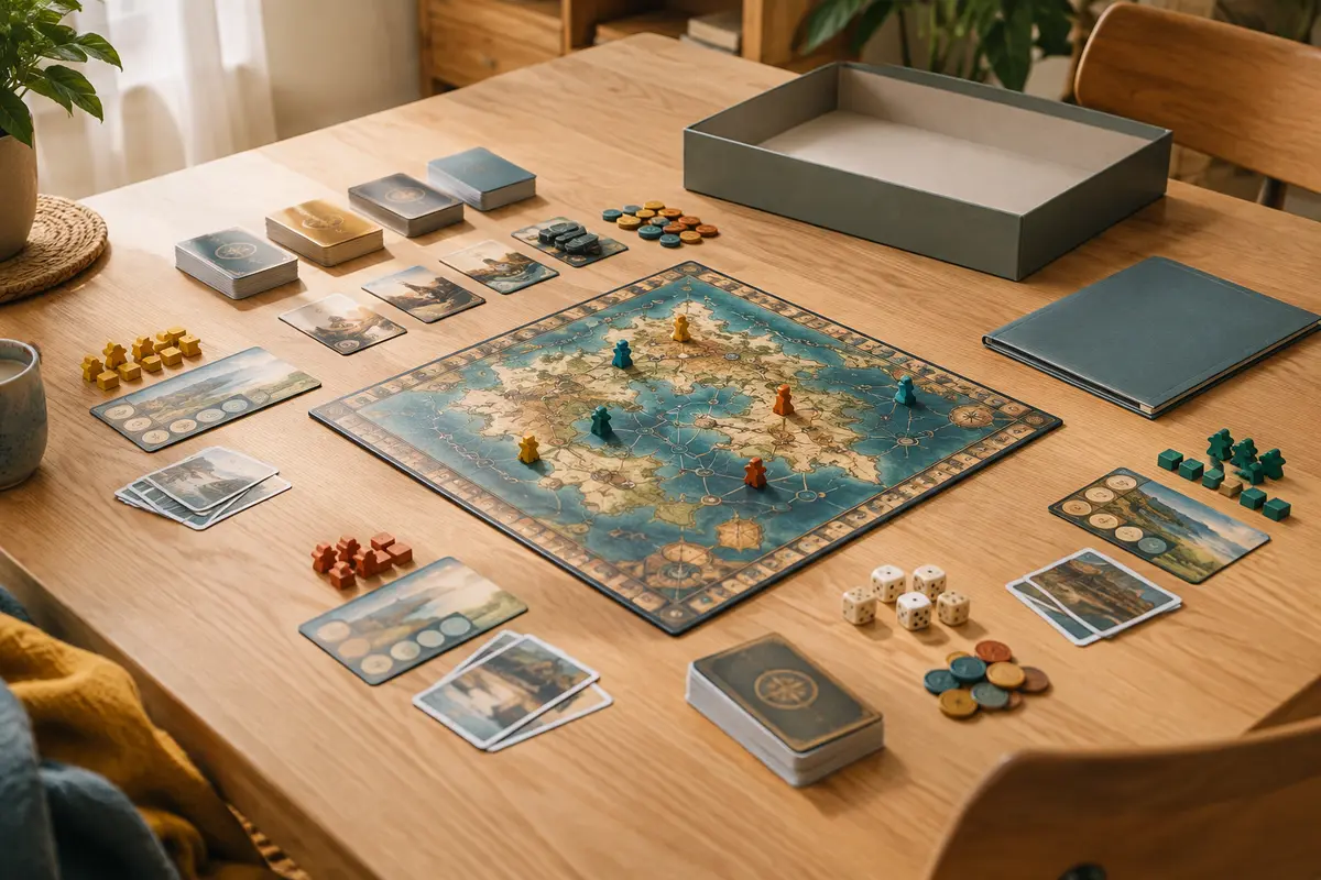 Plateau, cartes et pions disposés sur une table avant une partie de jeu de société