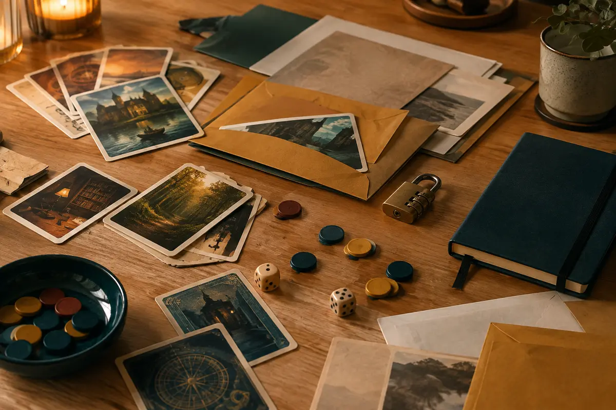 Cartes, enveloppes et indices disposés sur une table pour illustrer un jeu d’énigmes ou d’enquête.