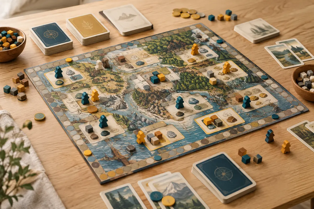 Plateau stratégique avec des pions d’action et des cubes de ressources répartis sur une table en bois
