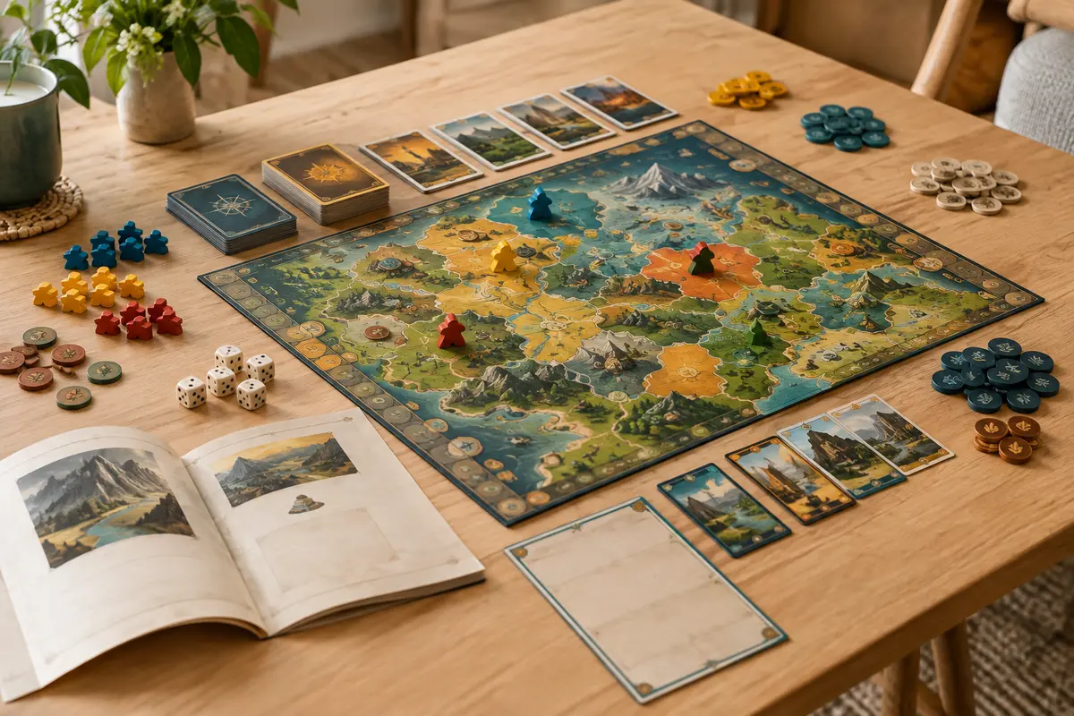 Plateau, cartes, pions et livret disposés sur une table pour expliquer les règles avant une première partie.