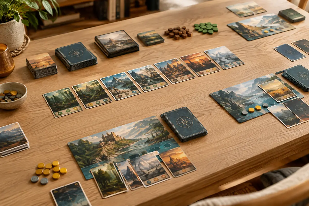 Paquets de cartes et rangée d’offres disposés sur une table pour une partie de deckbuilding