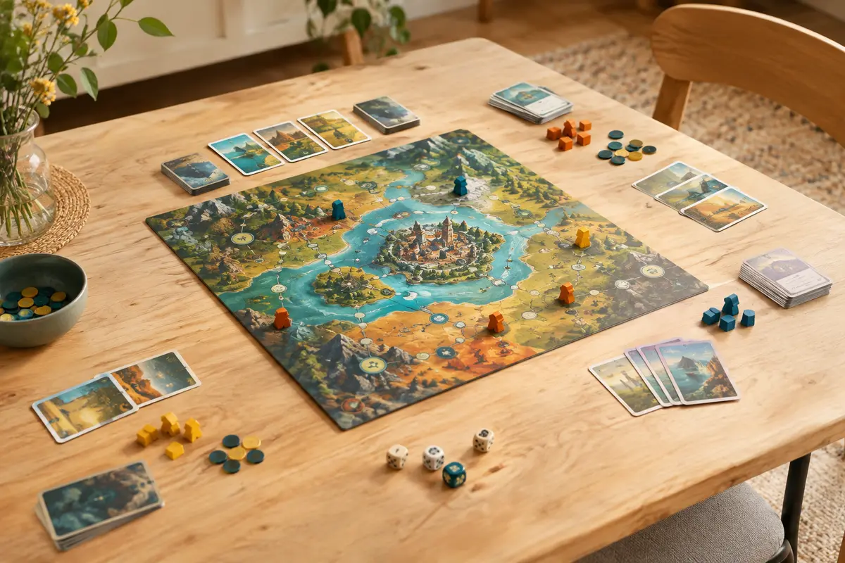Plateau coopératif, cartes et pions réunis sur une table avant une partie en équipe.
