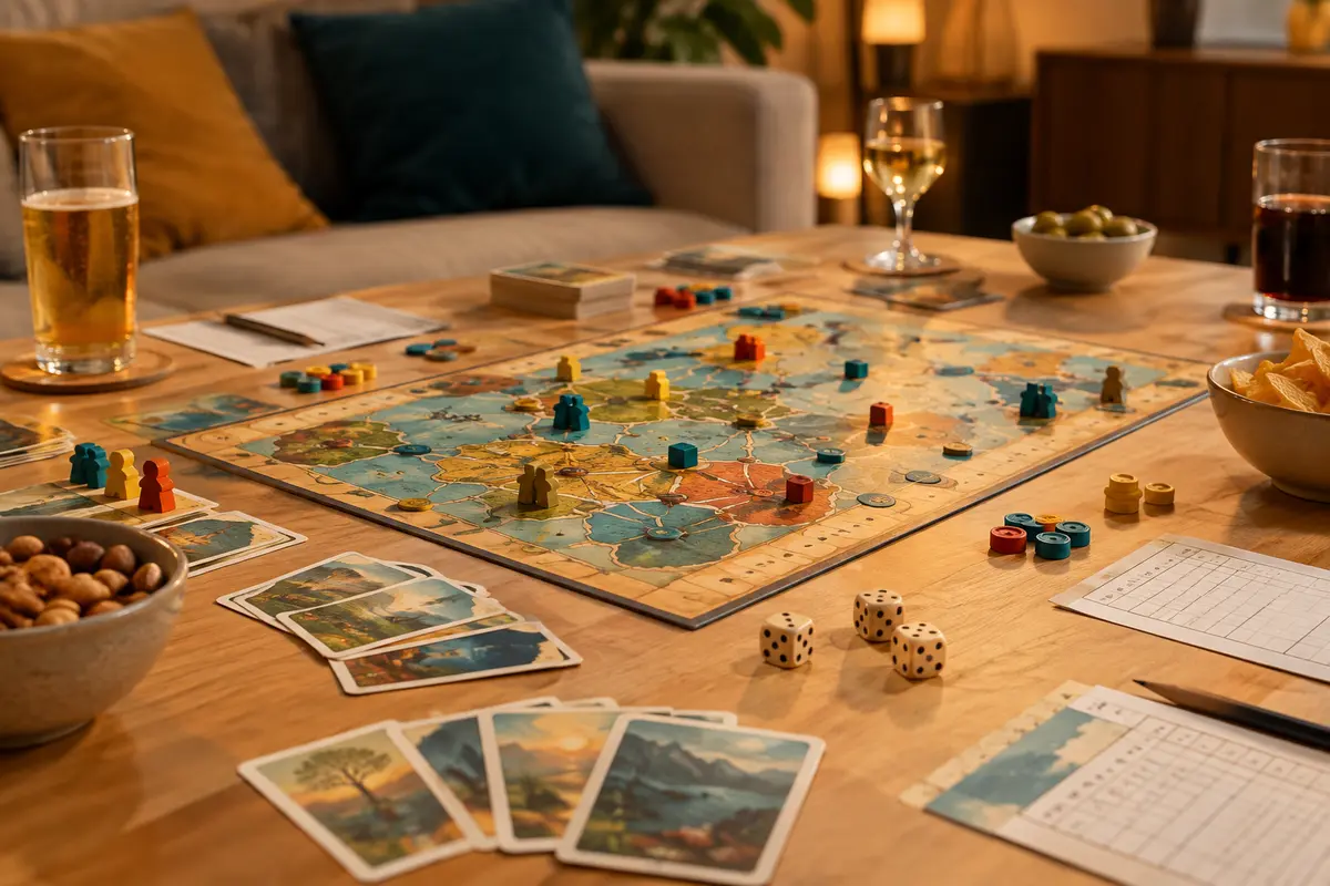 Jeu de société convivial installé sur une table avant l’arrivée des invités pour une soirée entre amis