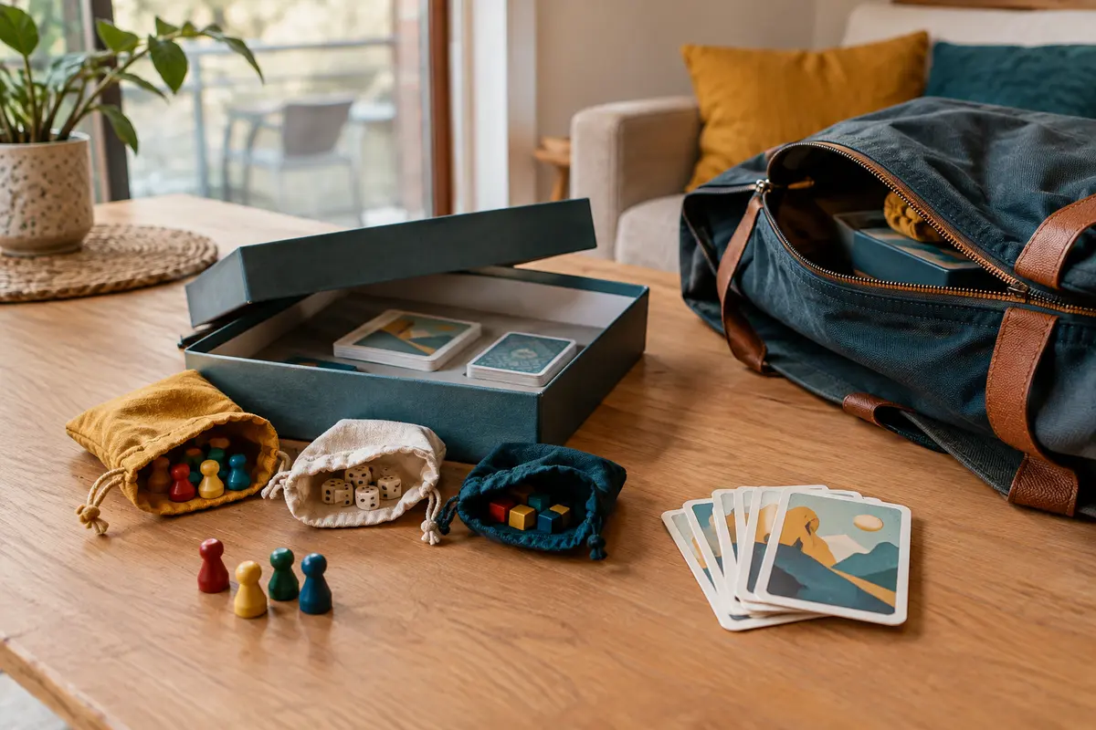 Jeu de société et matériel rangé sur une table, prêts à être emportés en vacances