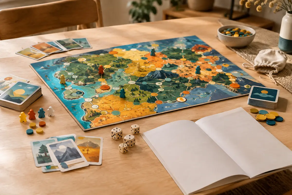 Plateau, cartes, pions et livret de règles disposés pour évaluer l’accessibilité d’un jeu de société