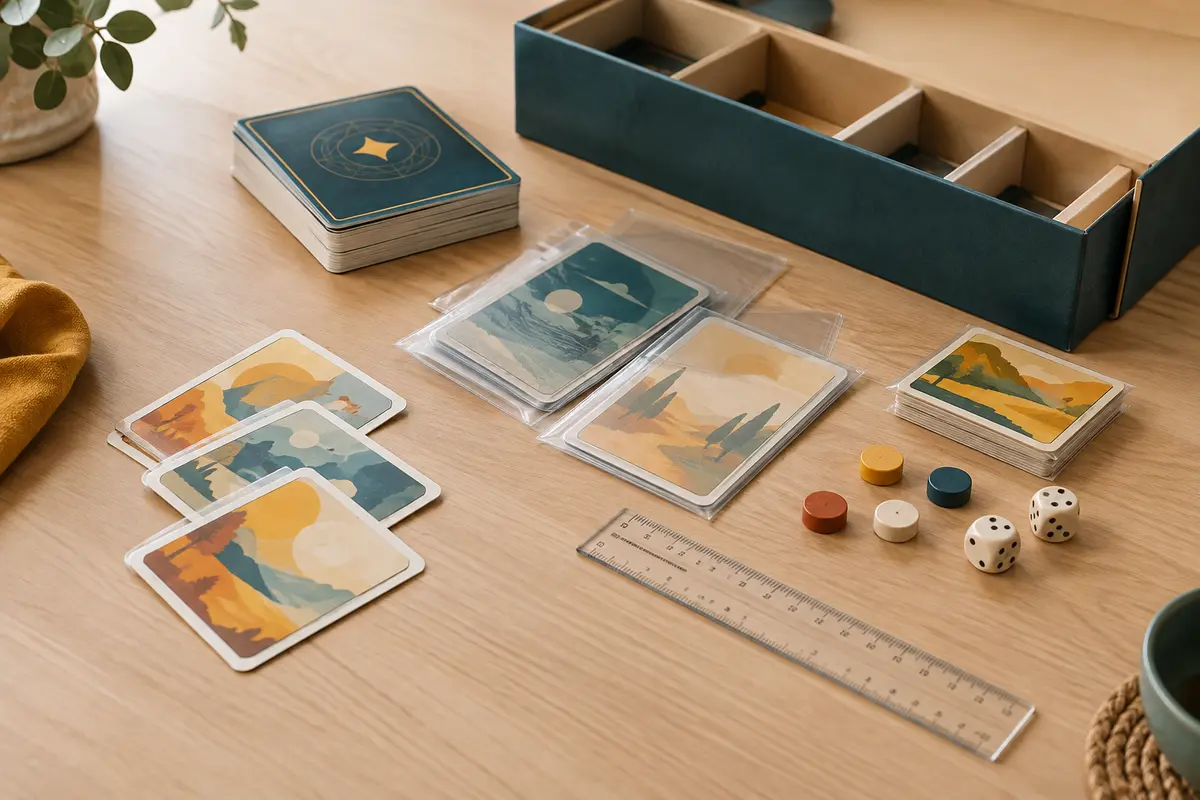Cartes de jeu protégées près d’une règle et de l’insert ouvert de leur boîte.