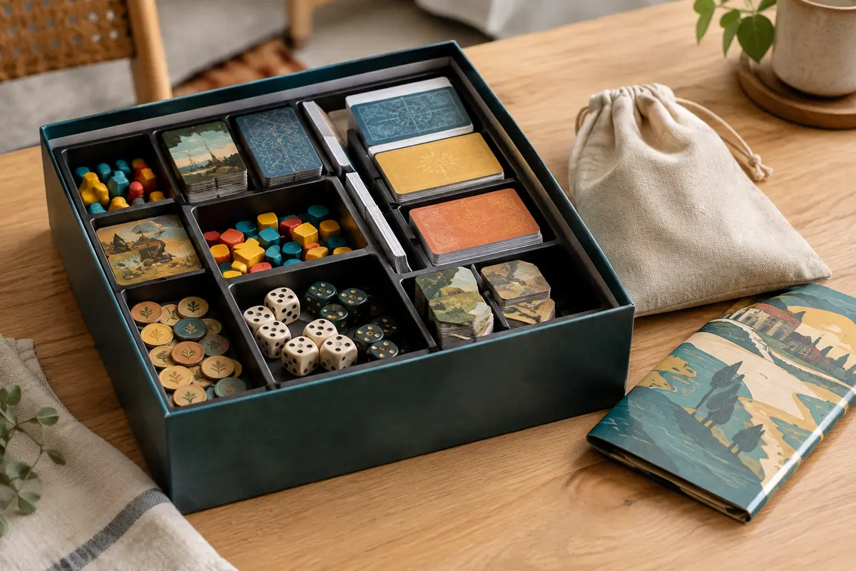 Boîte de jeu de société ouverte avec pions, cartes et tuiles triés dans des compartiments