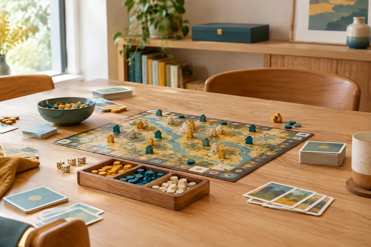 Jeu de société rangé avec ses pions regroupés sur une table dégagée, dans une pièce lumineuse.
