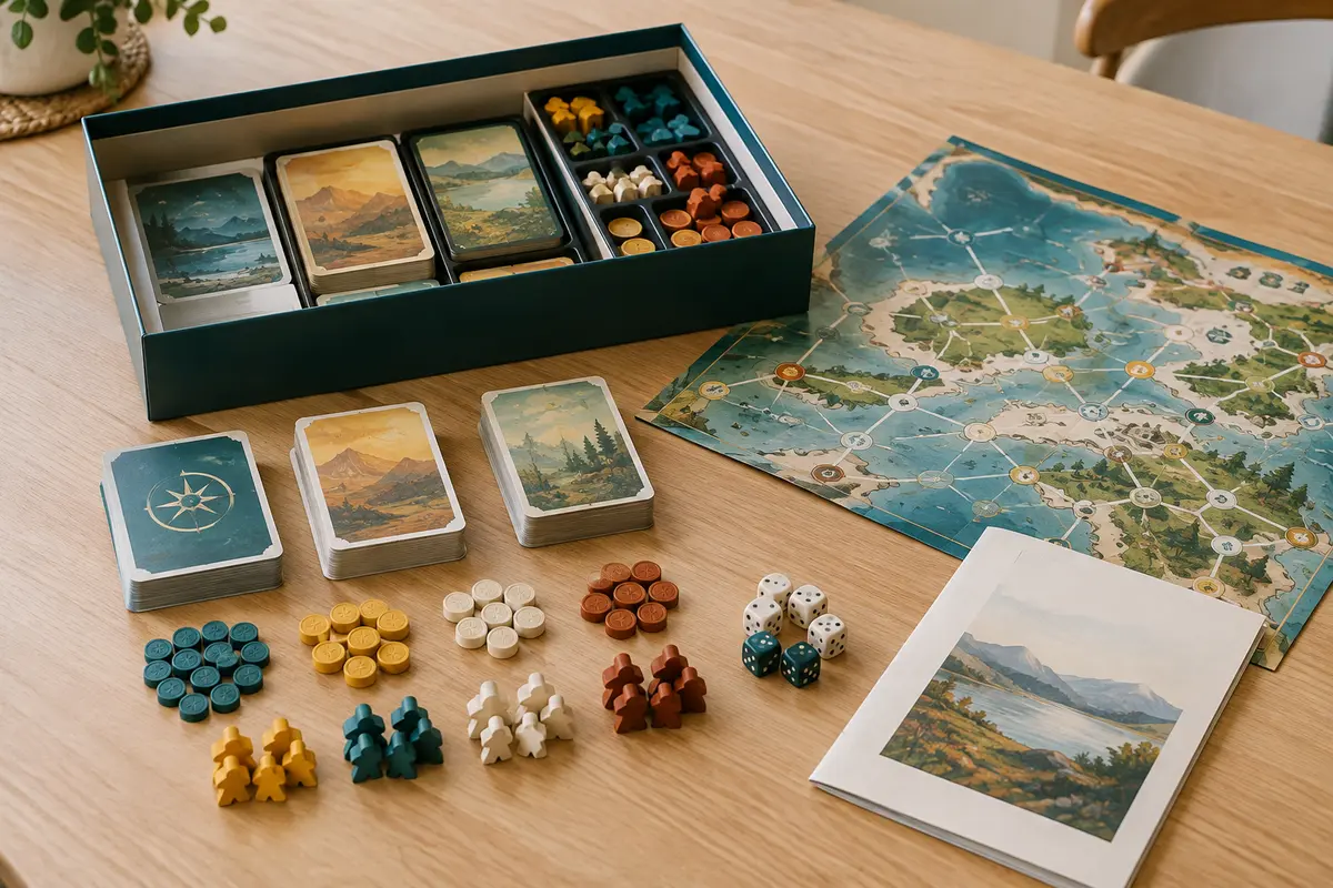 Boîte de jeu ouverte avec cartes, pions, plateau et règles disposés pour vérifier le contenu.
