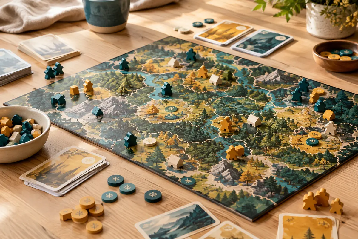 Plateau de stratégie forestier avec cartes, meeples et jetons disposés sur une table en bois clair