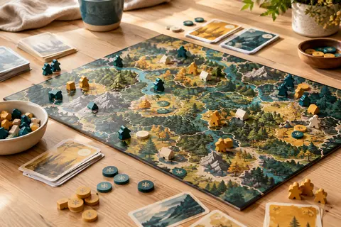 Plateau de stratégie forestier avec cartes, meeples et jetons disposés sur une table en bois clair