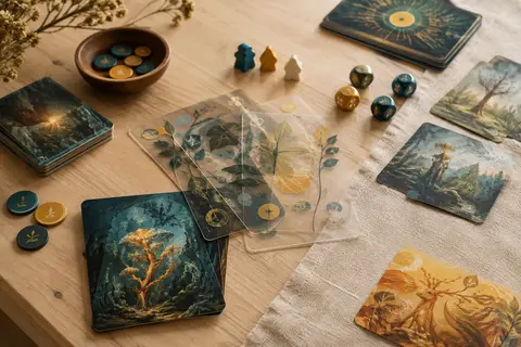 Cartes transparentes superposées de Mystic Vale disposées sur une table en bois clair