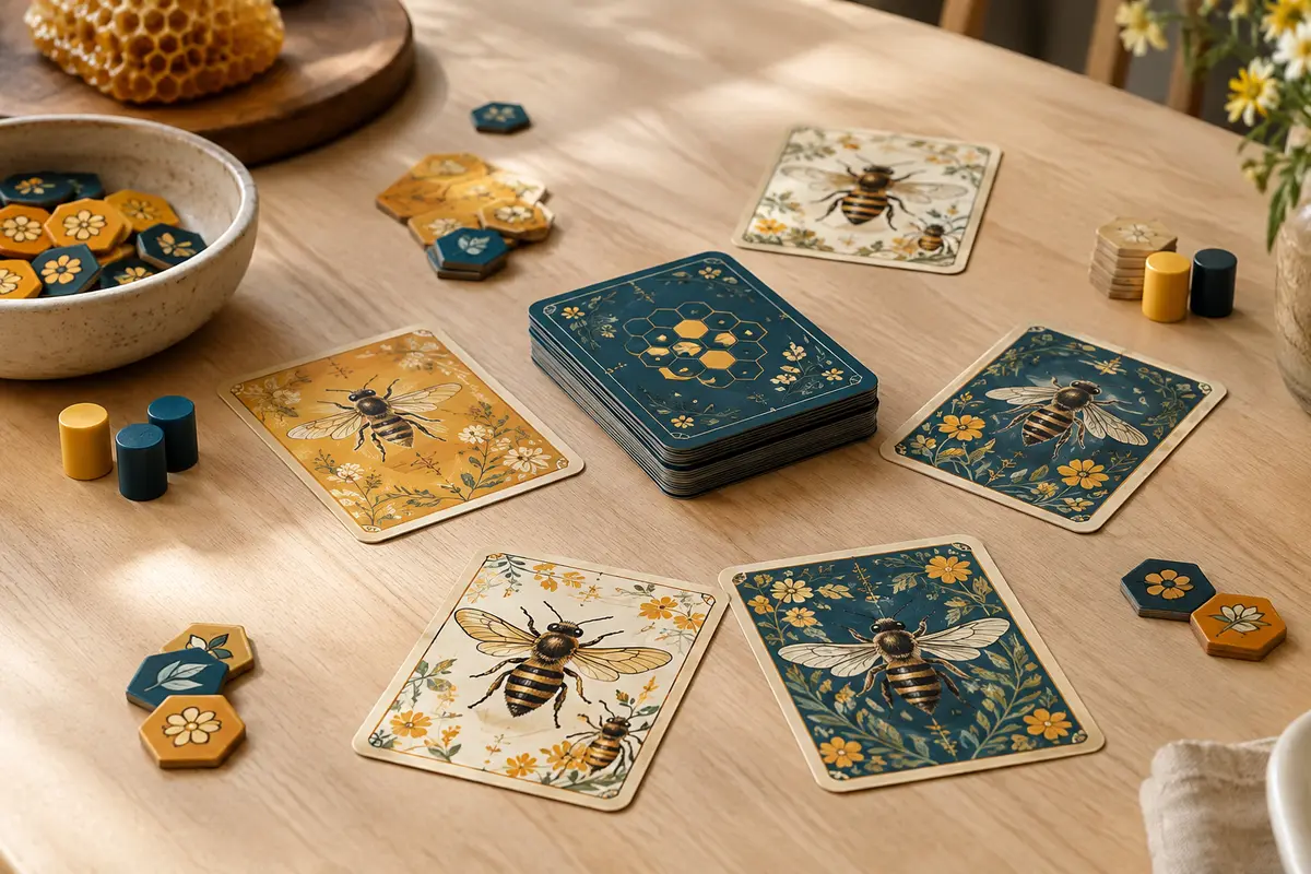 Cartes et pièces en carton de Propolis disposées sur une table en bois clair sous une lumière douce