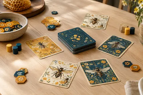 Cartes et pièces en carton de Propolis disposées sur une table en bois clair sous une lumière douce