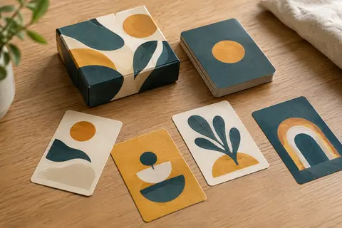 Jeu de cartes de lettres et de syllabes posé sur une table claire avec quelques cartes visibles