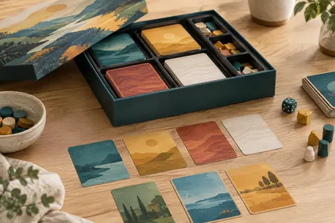 Coffret de jeu de cartes multicolores ouvert avec cartes disposées en tableau sur une table en bois clair