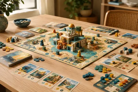 Jeu de civilisation en carton avec cartes, jetons et éléments de merveille sur une table claire.
