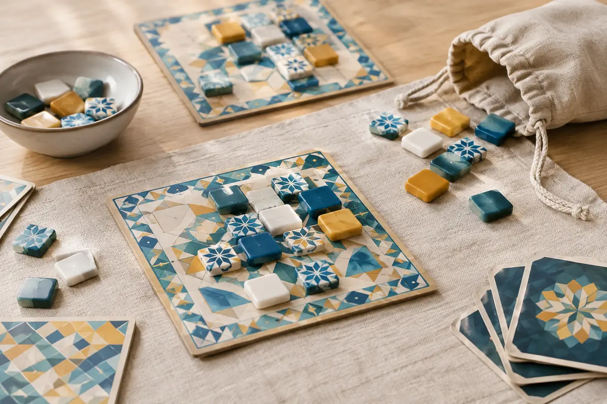 Tuiles de mosaïque bleues et blanches, plateaux individuels et sac en tissu sur une table claire.