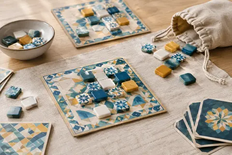 Tuiles de mosaïque bleues et blanches, plateaux individuels et sac en tissu sur une table claire.