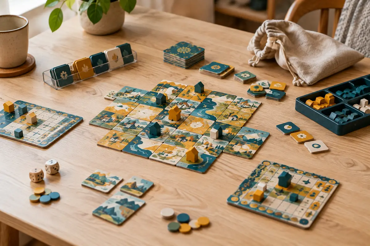 Jeu de stratégie compact avec plateaux individuels et tuiles colorées disposés sur une table en bois clair