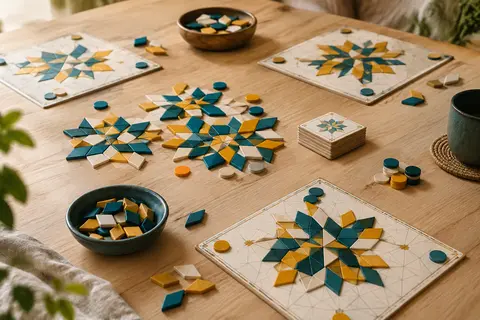 Plateaux de jeu et tuiles colorées assemblées en motifs étoilés sur une table en bois clair.