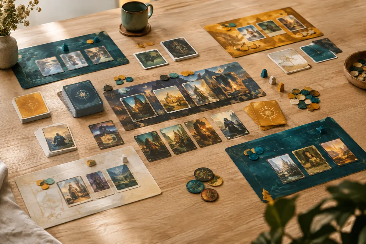 Cartes, tapis de jeu et jetons disposés pour un tournoi de deckbuilding sur une table en bois clair.