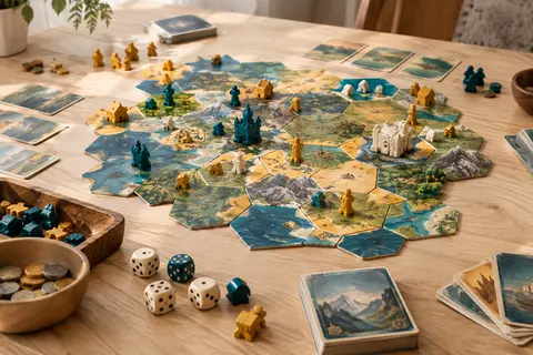 Plateau de stratégie modulable avec cartes, dés, figurines et pions disposés sur une table en bois clair.
