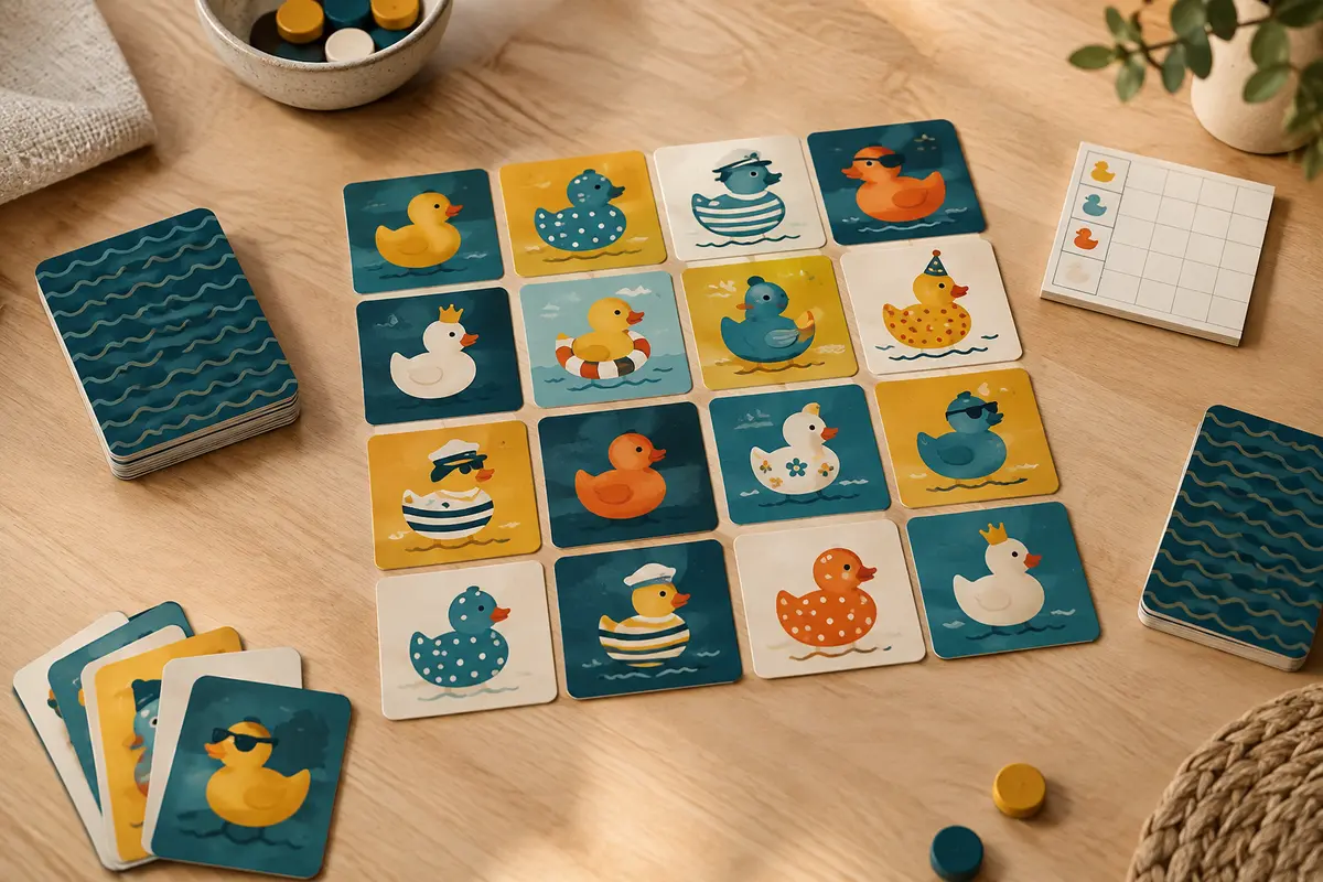 Cartes illustrées de canards de bain disposées en grille sur une table en bois clair