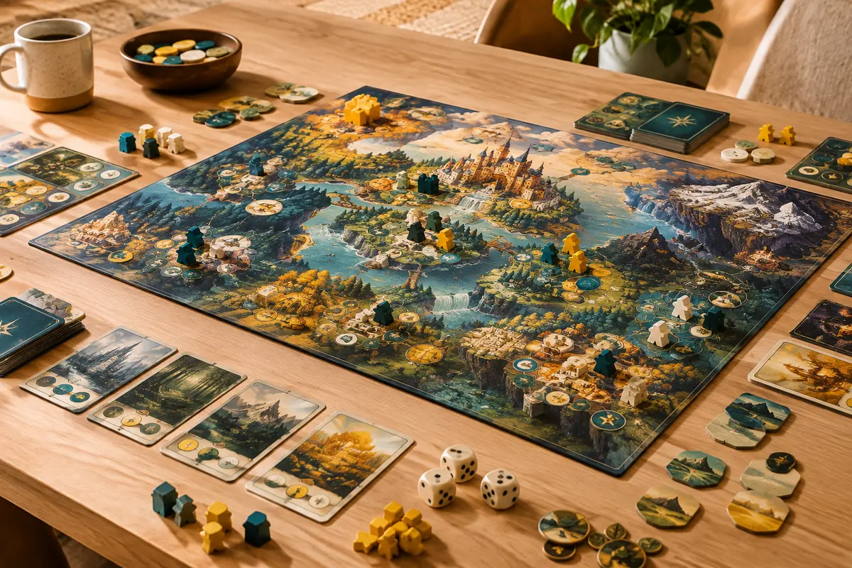 Plateau de jeu de stratégie avec cartes, tuiles et pions disposés sur une table en bois clair