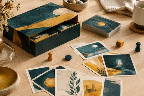 Boîte de jeu d’escape game et cartes disposées sur une table en bois clair, sous une lumière douce.