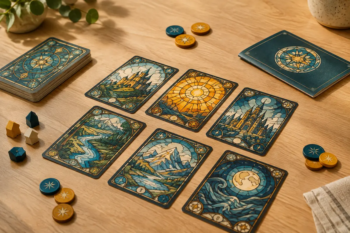 Cartes illustrées façon vitrail, jetons et livret de règles posés sur une table en bois clair.