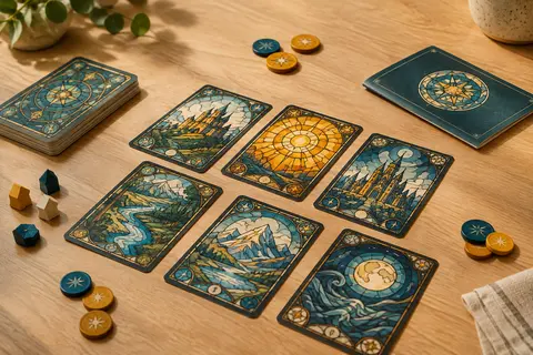 Cartes illustrées façon vitrail, jetons et livret de règles posés sur une table en bois clair.