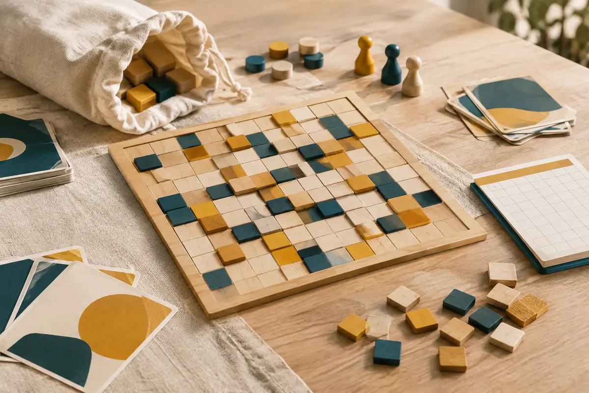 Tuiles en bois disposées en grille avec un sac en coton et un bloc de score sur une table claire