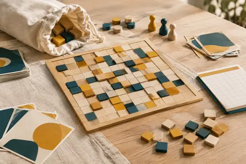 Tuiles en bois disposées en grille avec un sac en coton et un bloc de score sur une table claire