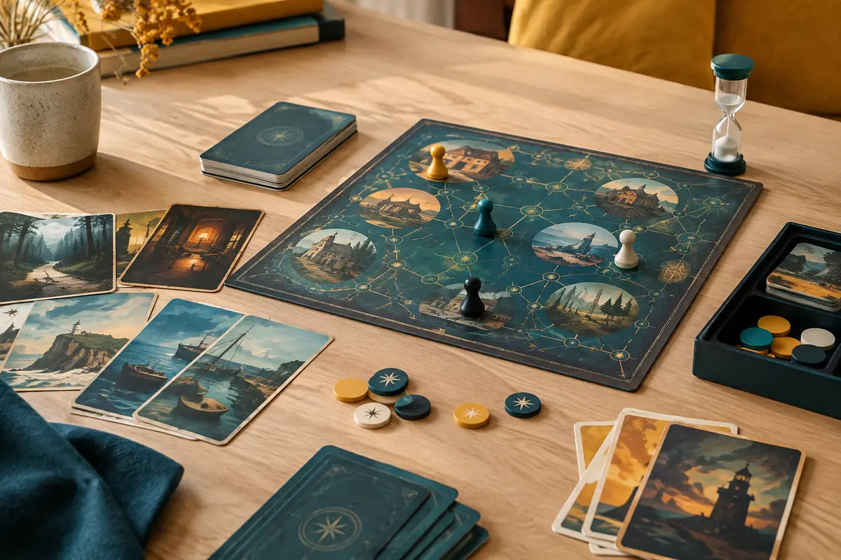 Cartes illustrées, pions et sablier d’un jeu d’enquête coopératif sur une table en bois clair.