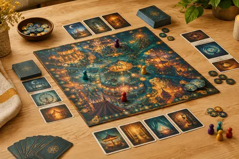 Plateau, cartes illustrées et pions de Mysterium Park disposés sur une table en bois clair.