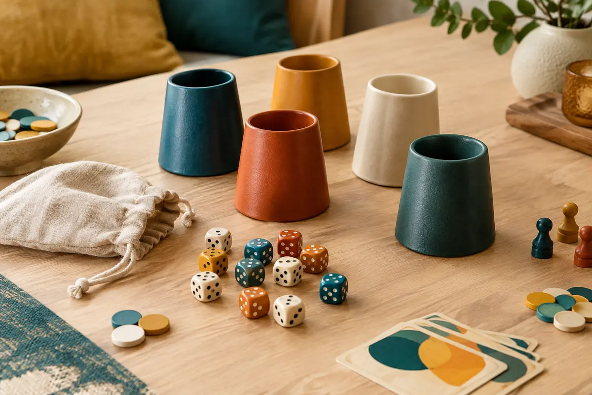 Gobelets colorés, dés et sac en tissu disposés sur une table en bois clair