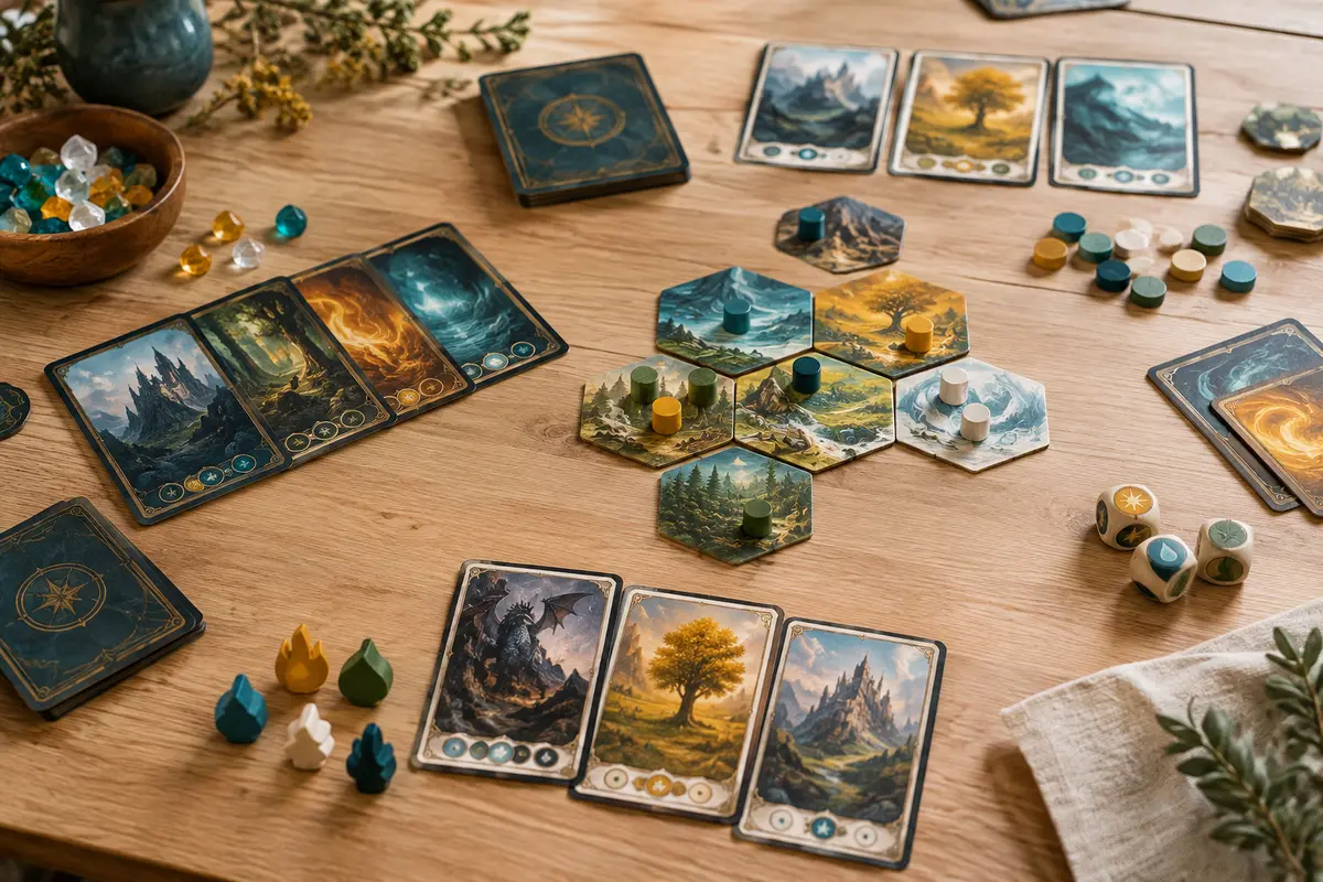 Cartes fantasy, tuiles et pions d’essence en bois disposés sur une table claire