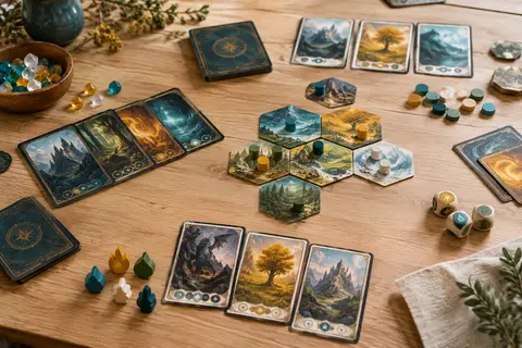 Cartes fantasy, tuiles et pions d’essence en bois disposés sur une table claire