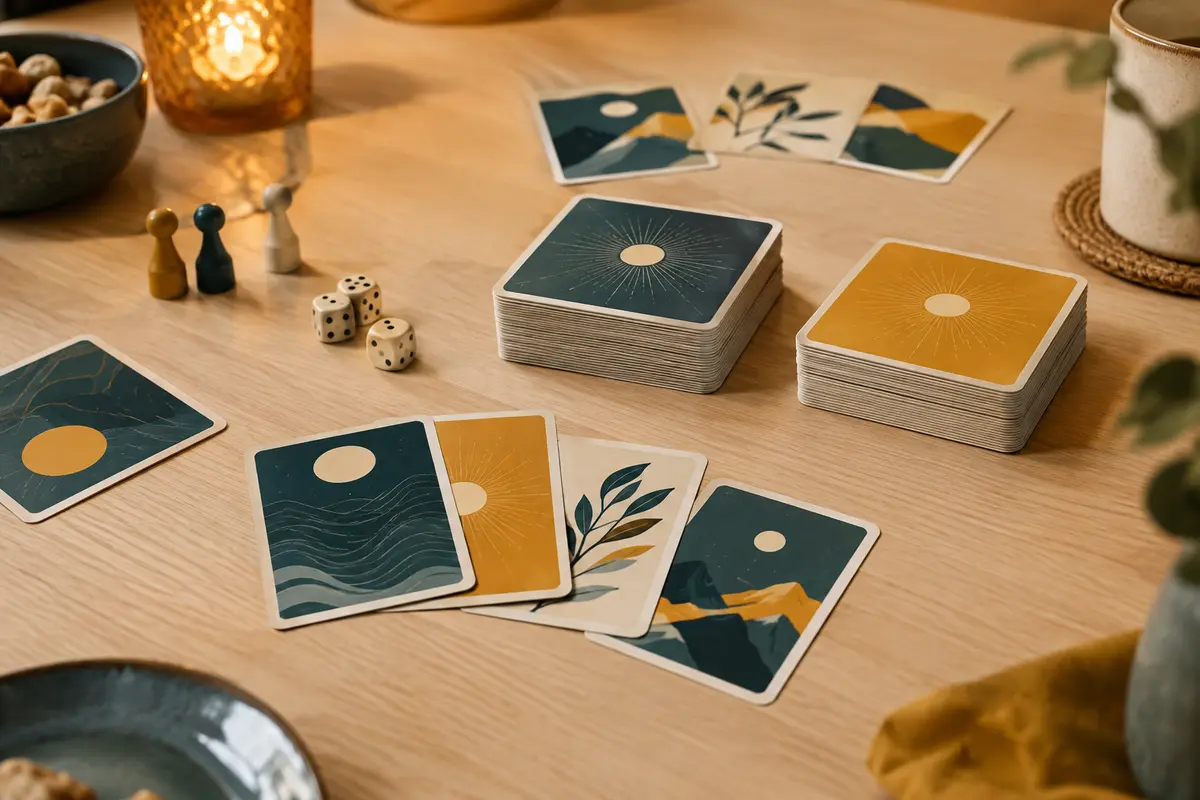 Jeu de chansons en cartes posé sur une table claire, avec quelques cartes étalées à côté de la pile.