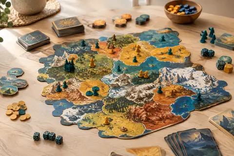 Plateau de conquête fantastique avec régions illustrées, pions et tuiles multicolores sur une table en bois clair