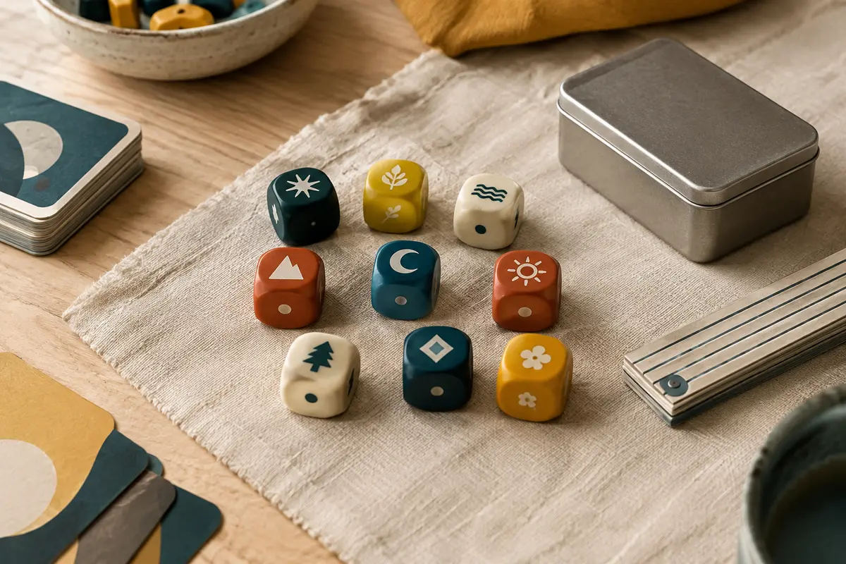 Neuf dés multicolores à symboles et une boîte en métal posés sur une table en bois clair.